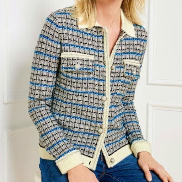 TALBOTS Mademoiselle Plaid Coatigan Sweater Tweed Pearl Buttons Size Medium - Picture 2 of 10